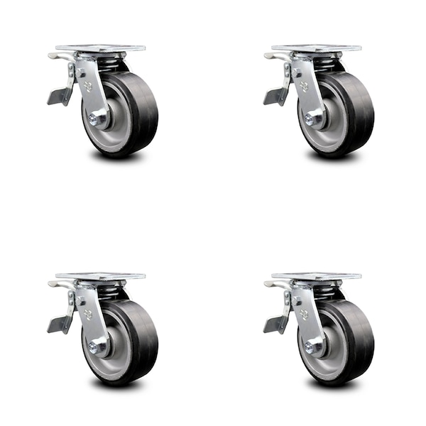 5 Inch Rubber on Aluminum Caster Set with Ball Bearing and Total Lock Brake SCC